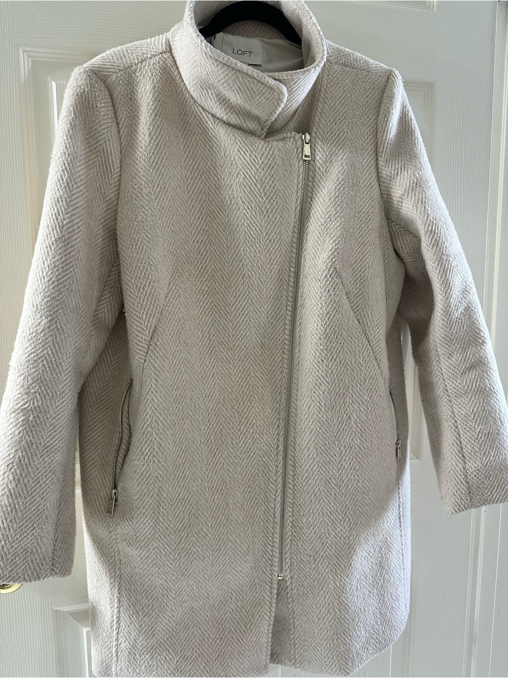 LOFT Cream Herringbone Asymmetrical Zip Trench Coat